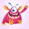 Happy cartoon monster mascot. Halloween vector pink alien with one eye waving.