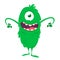 Happy cartoon one eyed green monster. Vector illustration of funny monster. Halloween design.
