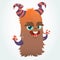 Happy cartoon orange and fluffy horned monster . Halloween vector character mascot