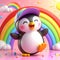 Happy cartoon penguin with a bright rainbow colored background, generative ai