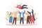 Happy cartoon people toss up person celebrating success vector flat illustration. Group of positive friends celebrate