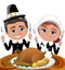 Happy Cartoon Pilgrims Eating Roast Turkey