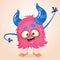 Happy cartoon pink monster. Vector Halloween horned character waving