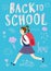 Happy cartoon schoolgirl running with backpack