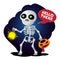 Happy cartoon skeleton walking with lantern and pumpkin head