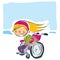 Happy cartoon smiling blonde girl in magenta wheelchair moving f