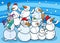 Happy cartoon snowmen characters group