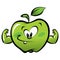 Happy cartoon strong green apple making a power gesture