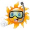 Happy cartoon sun character in diving mask giving thumbs up