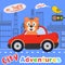 Happy cartoon tiger driving red car. Greeting card