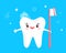 Happy cartoon tooth with brush. Vector illustration of kawaii smiling character. Concept of dental health care, children