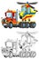 Happy cartoon tow truck driver and helicopter isolated