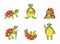 Happy cartoon turtle set - cute green sea animal with brown shell