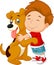 Happy cartoon young boy lovingly hugging his pet dog