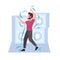 Happy casual man dancing male dancer enjoying dance party guy having fun hi-fi audio speakers background flat full