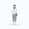 Happy casual man standing pose smiling guy holding handbag wearing trendy clothes male cartoon character full length