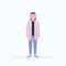 Happy casual man standing pose smiling long haired guy wearing trendy clothes male cartoon character full length flat