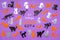 Happy Cat Day in Poland. Orange, black and grey funny cat silhouettes on lilac pastel background. Festive layout for feline