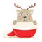 Happy cat hiding with Christmas deer antlers in Santa Claus hat. Vector illustration in flat style.