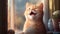 Happy cat, Surprised face, Wow expression cat funny face with open mouth. Cute ginger Cat Emotional surprised wide big eye and