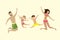 Happy caucasian family jumping in swimsuits