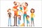 Happy Caucasian Family With Many Children Portrait All The Kids And Babies Tired Parents Colorful Illustration