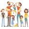 Happy Caucasian Family With Many Children Portrait With All The Kids And Babies And Tired Parents Colorful Illustration