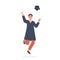 Happy caucasian student jumping, throwing a cap and holding diploma. Smiling academic man in bachelor apparel