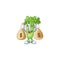 Happy celery plant cartoon character with two money bags