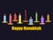Happy Chanukah. Celebratory background with nine candles, golden saucers. Vector
