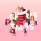 Happy Characters Celebrating Christmas Party Concept. Tiny People Dancing at Huge Sock with Gifts and Decorated Fir Tree