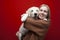 Happy cheerful beautiful girl holding a dog on a red background, a woman hugs a golden retriever puppy and smiles, people with