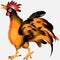 Happy cheerful cartoon rooster with fiery feathers crowing, singing the song