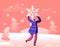 Happy Cheerful Woman Holding Huge Snowflake above Head, Playing on Snowy Landscape Background. Winter Season