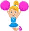 Happy cheerleader in blue uniform with pom poms
