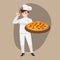 Happy chef cartoon portrait of young woman cook wearing hat and chef uniform hold pizza plate and do OK sign gesture and show to c