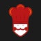 Happy chef with hat and mustache smiling in shield shape badge emblem in red color