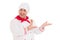 Happy chef showing something wearing red and white uniform