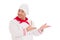 Happy chef showing something wearing red and white uniform
