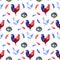 Happy chicken seamless pattern. Farm Animals, Rooster, Hen, Bio Eggs, Coop, Chicks, Nest, Eco Village. Isolated elements