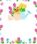 A happy chicken sits near a watering can with daffodils and tulips. Web banner, invitation card to the Easter tradition.
