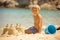 Happy child on the beach, building sand castle, enjoying summer, playing. Greece