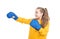 happy child boxer in boxing gloves ready to fight and punch isolated on white, fighter