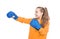 happy child boxer in boxing gloves ready to fight and punch isolated on white, fighter