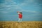 Happy child boy running on meadow with toy airplane in summer in nature. Happy childhood. Summer portrait of happy cute