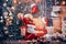 Happy child with a Christmas present on wooden background. Happy small kids in santa hat with present have a christmas