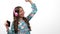 happy child dancing enjoying song listen music in headphones with smartphone, music.