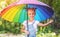 Happy child girl laughs and plays under summer rain with an umbrella.