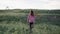 Happy child, girl, playing with a toy airplane on a summer field. A child runs away on the grass holding a toy airplane