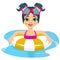 Happy child girl swimming in pool on inflatable ring